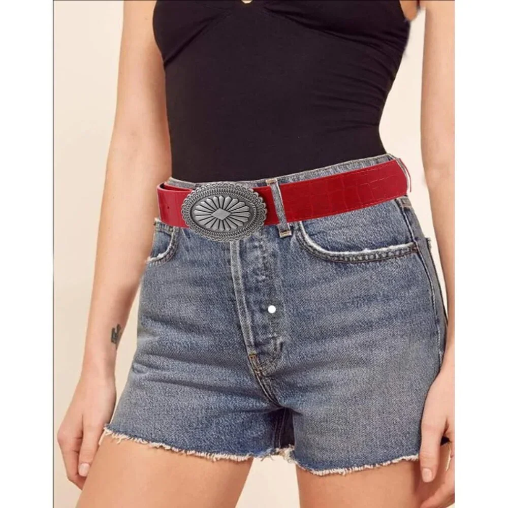 Women Red Faux Leather Western Belt Star Buckle Adjustable for Pants Jeans